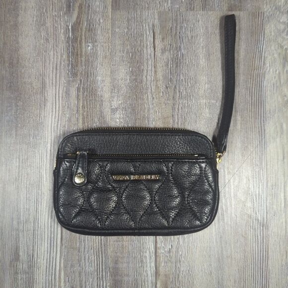 Vera Bradley Quilted Sophie Wristlet Genuine Leather Black W/ Floral Lining - Picture 1 of 12